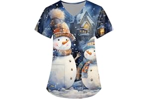 DHYUEN Pflege Kasack Damen Weihnachts Rentier Druck V-Ausschnitt Op-Kasack Weihnachten Krankenhaus Schlupfhemd Kurzarm Mit Motiv Pflege Kleidung Medizinisches Schlupfhemd Mit 2 Taschen Arbeitskleidung