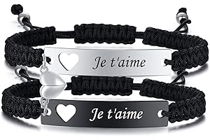 TEMPBEAU Couple Bracelets Personnalisé Gravure：2Pcs Je t'aime Bracelet réglable Acier Inoxydable pour Amoureux Femmes Hommes Cadeaux Romantiques Saint Valentin Mariage Bracelet Partenaire pour Couples Famille