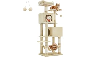 Feandrea Drzewko dla kota, wieża dla kotów domowych, 155 cm, pluszowe wielopoziomowe mieszkanie dla kota z 5 drapakami, 2 jaskinie, hamak, 2 pompony, beżowy PCT192M01