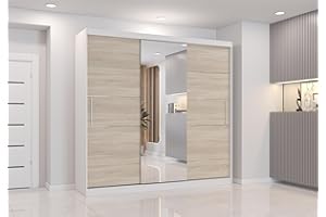 Fabryka Mebli Idźczak Schiebetürenschrank, eleganter Kleiderschrank Schrank Garderobe Astra mit Spiegel, Schlafzimmer- Wohnzimmerschrank Schiebetüren Modern Design (Weiß/Sonoma)