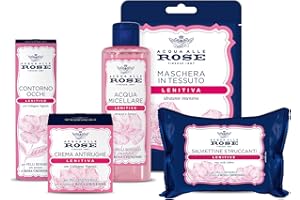 Acqua alle Rose, Kit Routine Viso Lenitiva, per Pelli Sensibili o Secche, contiene Acqua Micellare, Crema Antirughe, Contorno Occhi, Maschera in Tessuto e Salviettine Struccanti - Esclusiva Amazon