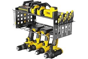 Yeabett 2 Layer Power Tool Organizer Storage Rack, Tool Shelving for 4 Drill Holders, Heavy Duty Wall Mounted Rack for Garage, Home, Workshop (Black)