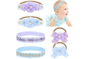 Dizila 6 Pieces Super Soft Stretchy Purple Light Blue Baby Girl Bow Flower Nylon Headbands Floral Lace Headbands Hair Accessories for Newborns Infants Toddlers Girls Kids