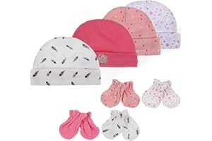 Lictin Bonnets de Naissance et Moufles de Protection -4pcs Bonnets Coordonnés et 4 Paires Mitaines Scratch de Protection Anti-griffures Bébé Fille Garçon (0-6 Mois)