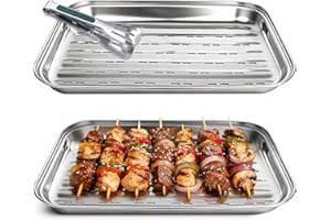 Niuny Plat Barbecue 34,9x24,5x2,7cm Plat de Cuisson Barbecue avec Trous 2pcs Réutilisables Plaque Inox pour Barbecue avec 1 Pince à Griller Accessoires Barbecue