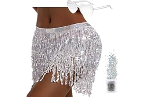 QUANMAITONG Sequin Skirt Women's Belly Dance Hip Scarf, Glitter Skirt Women for Halloween Carnival Tassel Skirt, Glitter Skirt Belly Dance Costume Women and Girls (Polyester, Rose)