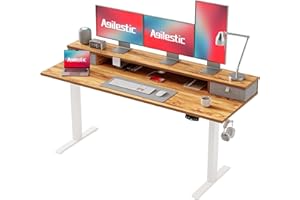 Agilestic Biurko z regulacją wysokości z dwiema szufladami, 160 x 60 cm, elektryczne biurko komputerowe z funkcją pamięci, biurko biurowe i domowe, jasnobrązowe