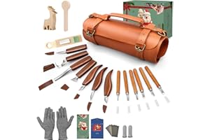 COZYGIFT Wood Carving Kit for Adults & Beginners - 31-Piece Pro Set with Leather Tool Roll, 7 Whittling Tools + 6 Detail Gouges, 2 Precarved Basswood Blocks, Wooden Handles for Wood Carving & DIY Gift