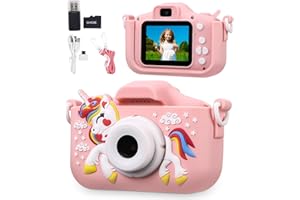Azyvum Aparat dziecięcy z ekranem 1080p, z kartą 64 GB, aparat cyfrowy do selfie, dla chłopców i dziewczynek, kolor różowy