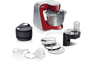 ‎BOSCH Bosch Küchenmaschine Serie 4, Edelstahl-Schüssel spülmaschinenfest, Planetenrührwerk, Durchlaufschnitzler, 3 Scheiben, 3 Rührwerkzeuge spülmaschinenfest, 1000 W, Made in Europe, rot, MUM58710