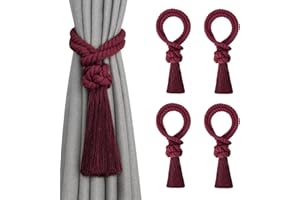 Pretty Jolly 4 Pack Natural Cotton Rope Tassel Curtain Tiebacks Boho Home Decor Drape Tie Backs Hand Woven Ball Curtain Holdbacks for Thin & Thick Home & Office Window Draperies (Wine Red)