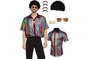 MINKASIC 70er Jahre Disco Kostüm Set Hippie Herren Outfit mit Oberteile Brillen Falsche Bärte Halsketten Perücken 80s Fasching Bekeidung für 50s 60s 70s Cosplay Halloween Party