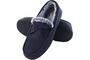 Dena lives Mens Moccasins Slippers, Suede Memory Foam Mens House Shoes with Faux Fur Lining, Warm Bedroom Slippers for Men Indoor