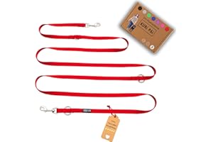 KURI PAI® Guinzaglio per cani da 3 metri, confortevole, regolabile in 3 modi, per 2 cani, doppio per cani, a tracolla, sostenibile in bambù | S (larghezza 1,5 cm) per cani piccoli - Rosso