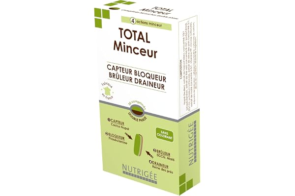 NUTRIGÉE - Total Minceur - 4 Actions Minceur - Capte, Bloque, Brûle & Draine - Favorise L'Amincissement, le Contrôle du Poids et de L'Appetit - 30 comprimés - Programme de 15 Jours