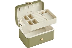 Songmics Szkatułka na biżuterię, podróżna, mała, 2 poziomy, przenośna, etui podróżne na większe akcesoria, 11 x 16 x 8 cm, pomysł na prezent, kolor zielony laurowy JBC166C02