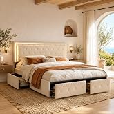 Double Bed 160 x 200 cm with LED, Storage Bed with 4 Drawers, Headboard with Adjustable Height, PU, without Mattress