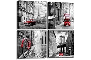 AREBOLO Black and White Wall Art London City Building Red Car Prints Pictures for Living Room Decor 4 Pieces, Paris Cityscape Canvas Bedroom Home Decoration 30x30cm, Modern Eiffel Tower Bridge Office Artwork