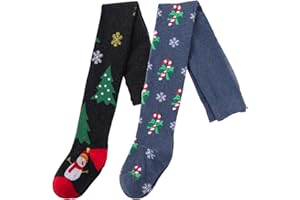Silkglory Collants Noël Filles, 2 Pièces Collants Bébé Tout-Petits avec Décor Motif d'impression de Noël,Leggings Sans Couture Bas Chauds Collants en Coton Nouveau-né Rouge 2-12 Ans