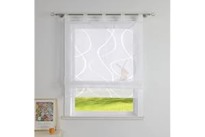 CORLIF Roleta rzymska z wypalanymi firankami do kuchni, styl dworkowy, przezroczysta roleta ze wzorem fali, krótka zasłona z pętelkami, biała, 120 x 140 cm (szer. x wys. ), 1 szt