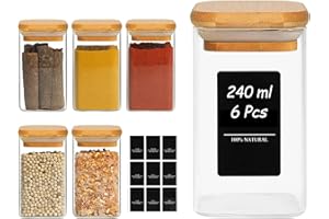 ComSaf 6 Stuks Glazen Kruidenpotjes met Bamboe Deksel – 240 ml Vierkante Voorraadpotten met 275 Etiketten, Luchtdicht Bewaren voor Kruiden en Specerijen, Zout, Suiker, Thee en Koffie