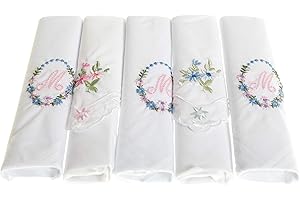 Surf the Shop Pack of 5 Ladies Initial Embroidered White Handkerchiefs with Satin Border and Matching Floral Handkies, Various Letters