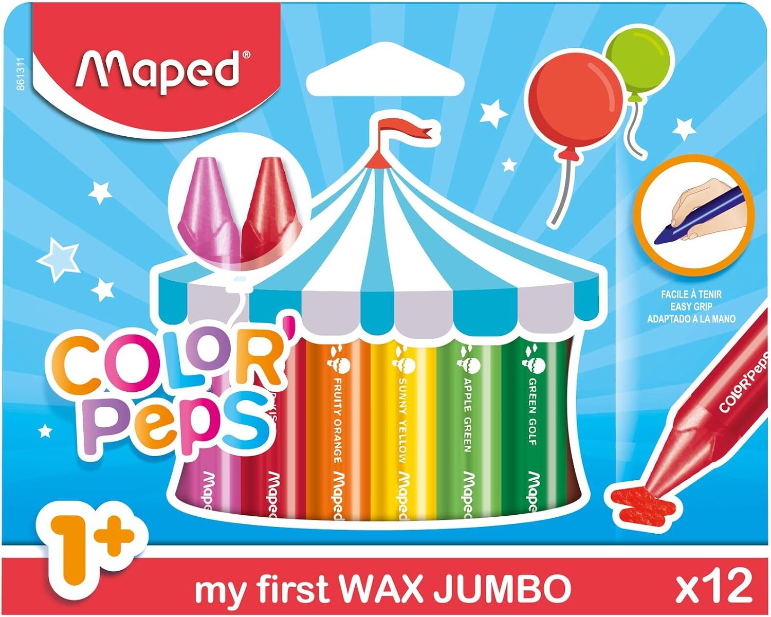 Maped Ceras de Colores Wax Jumbo, Set de 12 Crayones para Niños, Tacto Suave y Compacto con Funda de Papel para No Manchar, Colores Vibrantes y Resistentes