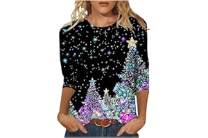 GENERIC Christmas Jumpers for Women UK Funny Cute Glitter Xmas Tree Graphic Printed Sweatshirts Crew Neck 3/4 Sleeve T Shirt Casual Print Patterns Holiday Jumper 2025 Fall Winter Festival Outfit Womens