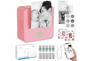 eSynic Mini Imprimante Portable à Autocollants sans Encre Toner Impression Noir Blanc Mini Imprimante Thermique Bluetooth Compatible avec Android iOS avec Papier Thermique et Autocollants