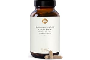 ‎SUNDAY NATURAL SUNDAY NATURAL® Bio Ashwagandha Kapseln - KSM-66® ROYAL – Hochdosiert 1.000mg Wurzelextrakt mit 50mg Withanoliden (5%) pro Tagesdosis – 180 Kapseln - Ashwaganda aus Indien