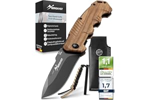BERGKVIST® K10 Coltello pieghevole (coltellino a due mani) - coltello da tasca per la sopravvivenza, la caccia e il campeggio - con acciaio da fuoco e custodia da cintura - Manico in legno d'ulivo