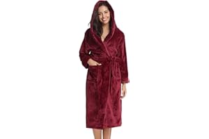 Vlazom Ladies Dressing Gown, Flannel Soft Robe Warm Fluffy Bathrobes with Hooded or Shawl Collar Long Robe for Cold Day UK 6-28
