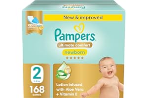 Pampers Ultimate Comfort Taped Diapers, Size 2, 3-8kg, Lotion infused with Aloe Vera and Vitamin E, x1000 Leak Locks Technology for Leakage Protection, Giant Saving Pack, 168 Count
