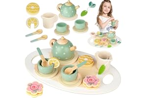 HOTUT Drewniany zestaw do herbaty dla dzieci, zestaw kuchenny z drewna, zabawki kuchenne dla dzieci, zielony, 30 x 18 x 7 cm, 3+ lat