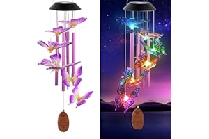 CERICAI Solar Wind Chimes for Garden, Solar Butterfly Wind Chimes Garden Gifts, Colorful Butterfly Wind Chime Solars Lights Outdoor Decor, Solars Lights Outdoor Decor for Mom, Grandma Yard Porch (A)