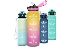Trinkflasche 1l, Wasserflasche Auslaufsichere, Trinkflasche Sport mit Sichere Verriegelung, Mit Zeitmarkierung und Schnürung, Flasche mit Strohhalm, Water Bottle für Uni, Fitnessstudio, Outdoor