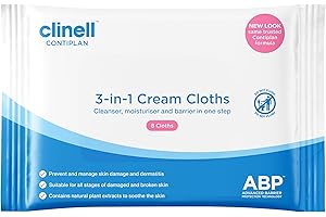 Clinell CONTIPLAN Incontinence Cleansing Cloths with Barrier Cream - Packs of 8 Cloths - All in One Cleansing Wipes Cleanses, Soothes and Moisturises - White