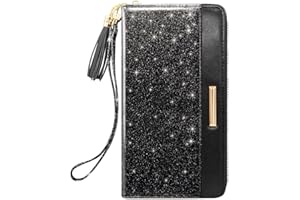 Coco Rossi Wallets for Women PU Leather Card Holder Organizer Ladies Clutch with Tassel Wristlet Wrist strap, A Black Glitter, long purse, Casual