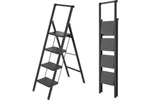 Aufun Escabeau pliable à 4 marches avec large pédale antidérapante, avec main courante, échelle domestique, multifonction, charge maximale : 270 kg, pour la maison, le bureau, noir