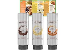 Go2 Groceries Bundle Monin Premium Chocolate Flavoured Dessert Topping Sauces (3 x 500 ml) White, Dark, Salted Caramel with Recipe Cards