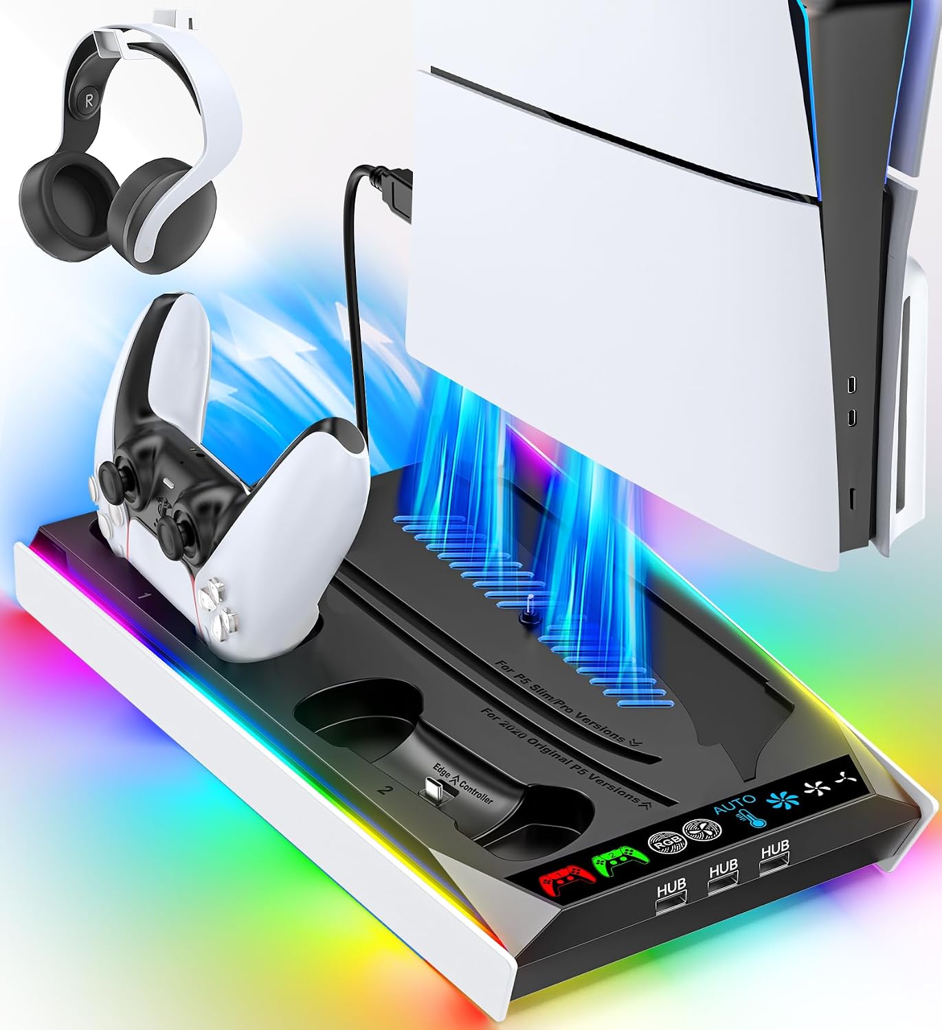 Rysker PS5/Pro/Slim Stand for Disc & Digital Console, Cooling & Charging Station with 3-Level Auto Fan, Controller Charger for PS5 & Edge Controller, Compatible with PS5 Pro Accessories, Black & White