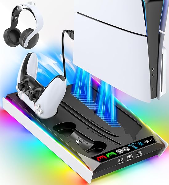 Rysker PS5/Pro/Slim Stand for Disc & Digital Console, Cooling & Charging Station with 3-Level Auto Fan, Controller Charger for PS5 & Edge Controller, Compatible with PS5 Pro Accessories, Black & White - 1