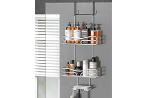 Cooeco Porta Shampoo Doccia da Appendere - Mensola Doccia da Appendere antiruggine, Portaoggetti Doccia con supporto per il sapone e 6 ganci per il bagno, per porta bagno in vetro（5.4CM Larghezza）