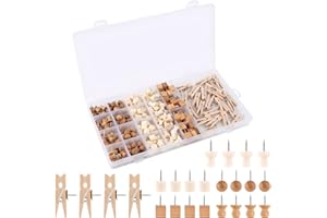 TUFA Lot de 220 punaises en bois Boîte en plastique Clous en acier pour plaque de liège Tête ronde pour tableau en liège Cartes Photos Calendrier Artisanat (6 types)
