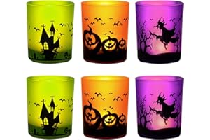‎MJ PREMIER MJ PREMIER Halloween Dekoration Teelichthalter, 6 Stück Kerzenhalter 7x7x8 cm, Kürbis und Hexe Windlicht, Teelichtgläser für Halloween Deko, Tischdeko, Party, Geschenk