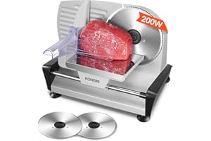 Meat Slicer with 2 * 19cm Blade, Electric Bread Slicer Machine for Home Use 200W, FOHERE Deli Food Cutter, 0-15mm Adjustable Thickness for Cheese, Bread, Include Safety Food Pusher, Silver