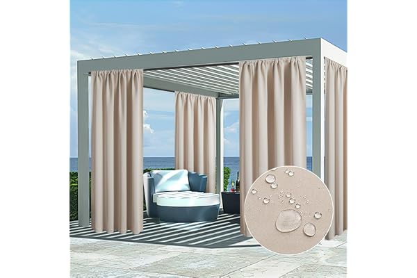 MRTREES Rideau pour Pergola Extérieur Impermeable - Rideaux Occultant Thermiques Anti Chaleur Anti UV Passe Tringle pour Kiosque de Jardin Terrasse Baraque de Plage,140×225 CM, Beige, Lot de 2