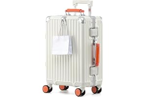 yuweijie Koffer groß, Koffer & Trolleys - Robuster Alu-Rahmen Suitcase für Reisen, 4 Rollen, TSA Schloss, Weiß mit orangem Ledergriff, XXL-80cm