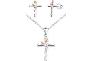 INFINIONLY Collier et Boucles d'oreilles pour femmes et filles, Bijoux Parures en argent 925, Fleur en or rose entrelacée de la croix en argent, Procédé unique de galvanoplastie couleur, orné zircon