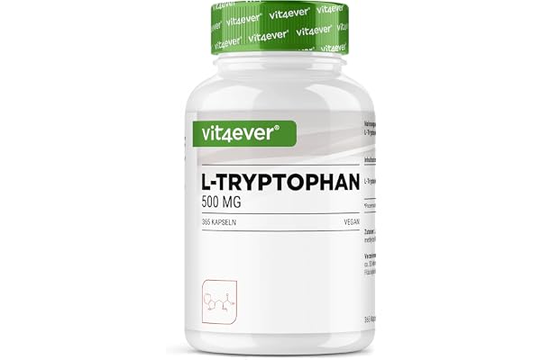 L-Tryptophane - Hautement Dosé avec 500 mg par Gélule - 365 Gélules Véganes - Réserve de 12 Mois - Issu de Fermentation Végétale - sans Additifs Inutiles, Végan